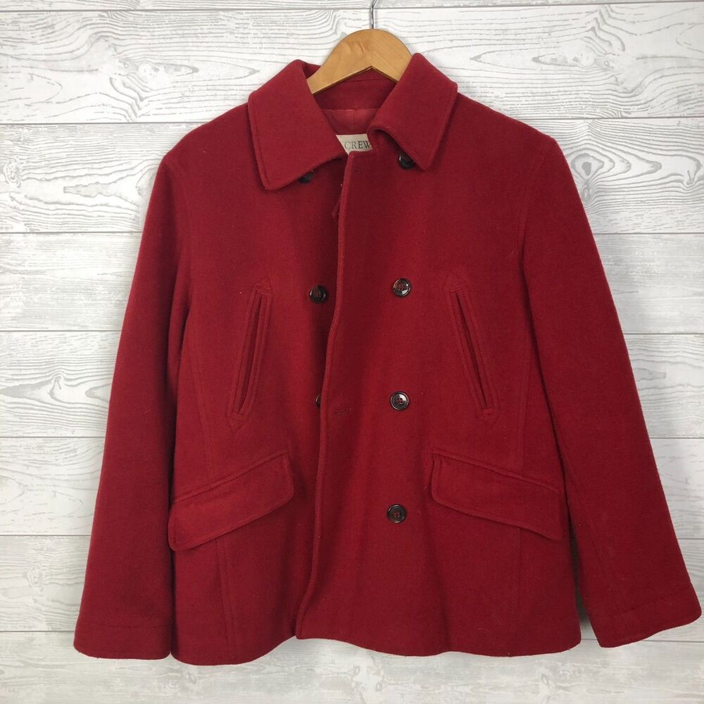 J Crew Women's Small Wool Blend Pea Coat Jacket Button Front Long Sleeve Red